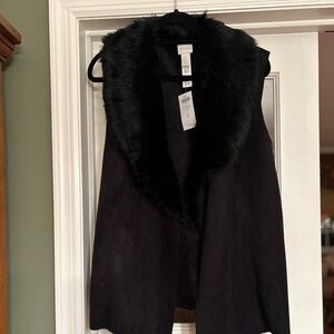 Chico's Black Faux Fur Collar Suede Vest Size 3